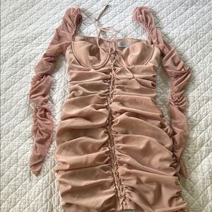 Oh Polly Pink Ruched Bodycon Dress with Puff Sleeves